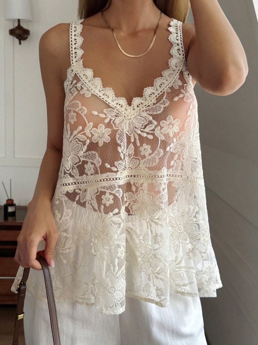 Apricot Boho Women's Loose V Neck Sheer Lace Jacquard Spaghetti Strap top - Picture 3 of 7